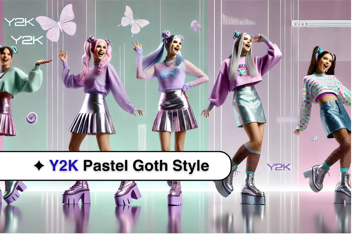 Landscape collage of models dressed in pastel Y2K outfits with metallic skirts, platform boots, and retro hair accessories