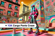 A model wearing metallic and neon Y2K-inspired clothing, including chunky platform shoes and retro accessories like tinted sunglasses, standing against an urban graffiti backdrop.