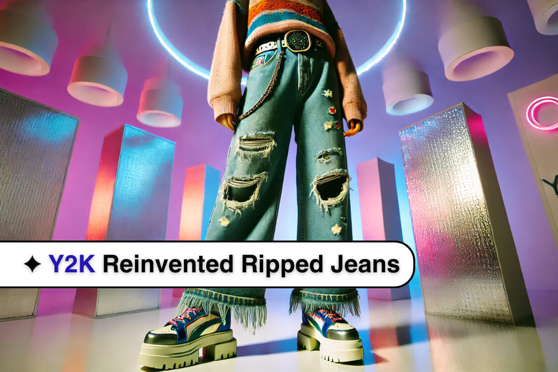 Y2K street style: distressed denim, cropped hoodie, and platform sneakers.