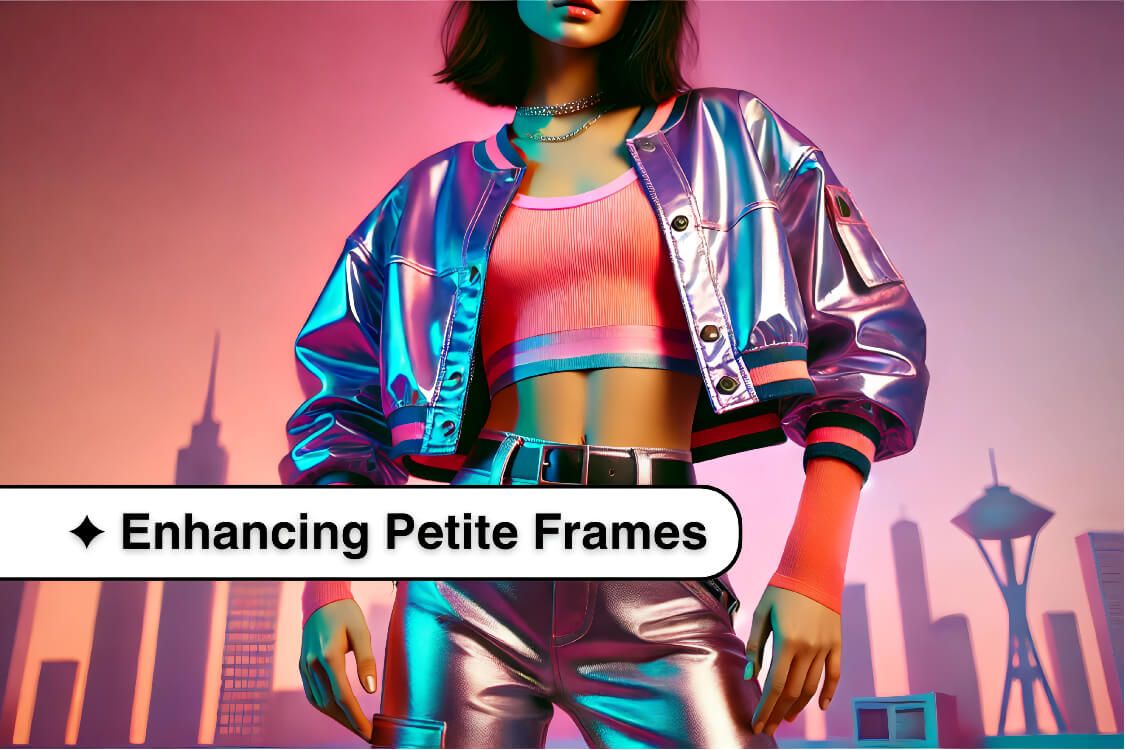 Model wearing a holographic crop jacket and metallic pants against a pastel neon city backdrop, evoking Y2K style.