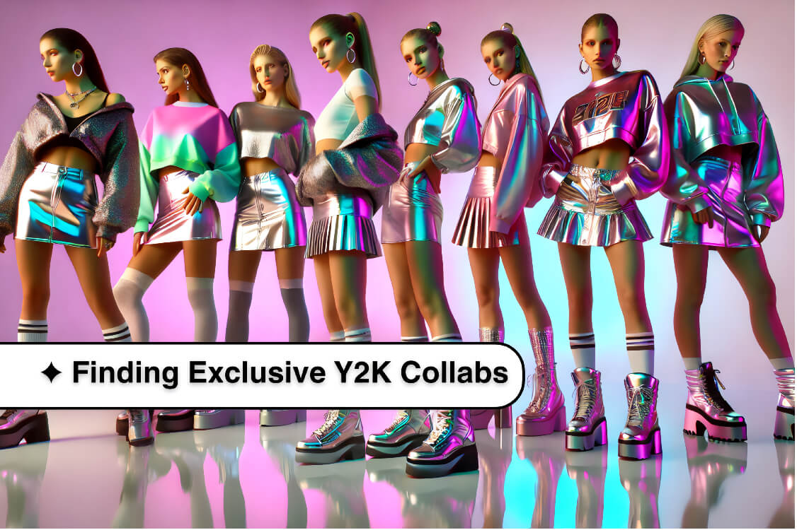A landscape image of models wearing early-2000s-inspired outfits with metallic fabrics, neon details, and chunky sneakers, set against a futuristic pastel backdrop