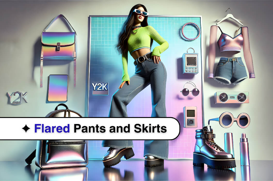 Cover image featuring a model in flared Y2K-style denim, neon crop top, and chunky platforms against a pastel neon backdrop