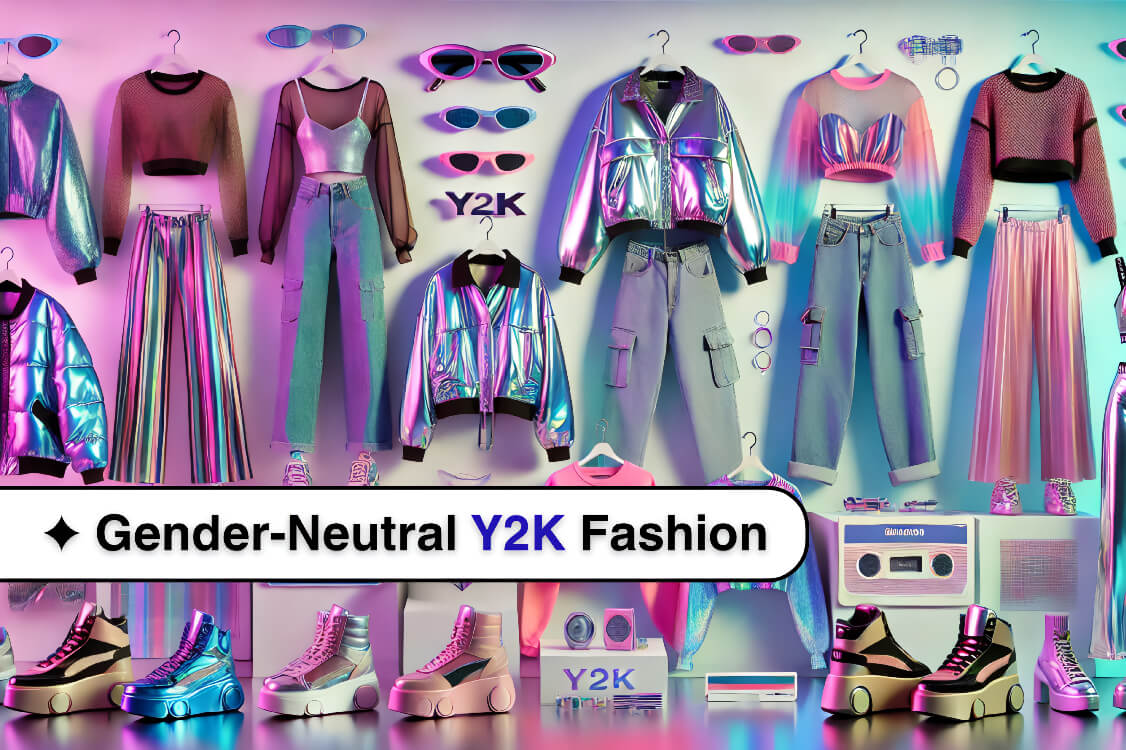 Collage of iconic Y2K fashion elements including metallic jackets, neon tops, wide-leg jeans, and holographic accessories on pastel gradient background.