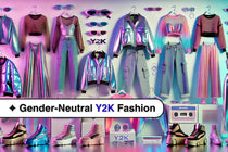 Collage of iconic Y2K fashion elements including metallic jackets, neon tops, wide-leg jeans, and holographic accessories on pastel gradient background.