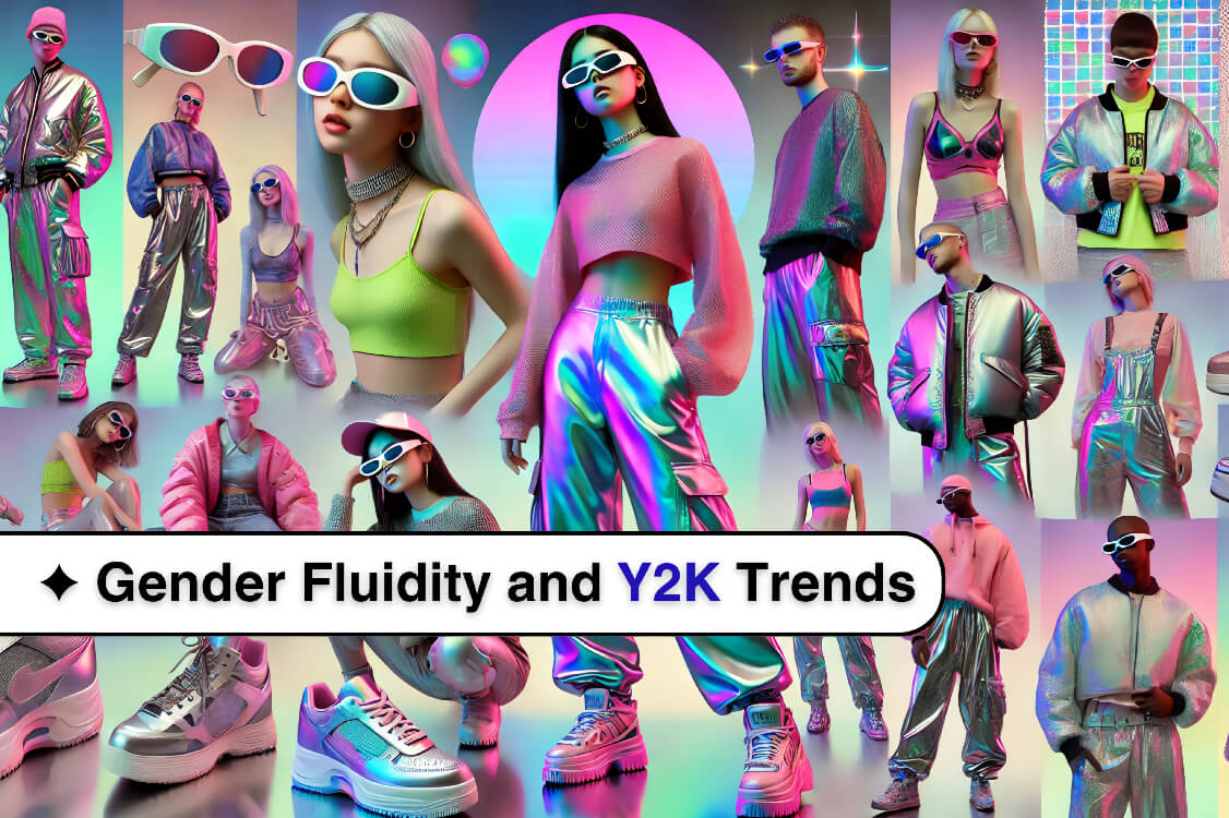 Collage of diverse models confidently rocking iconic Y2K-inspired outfits featuring neon, metallic, and futuristic elements.