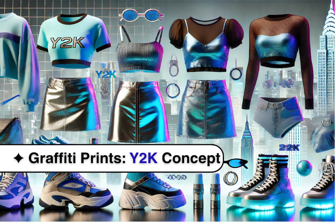 Landscape collage of Y2K-inspired outfits and graffiti elements in bright neon and metallic colors, set against a modern, energetic backdrop