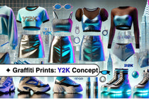 Landscape collage of Y2K-inspired outfits and graffiti elements in bright neon and metallic colors, set against a modern, energetic backdrop