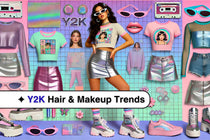 Collage of iconic Y2K clothing including metallic skirts, pastel tops, butterfly clips, and chunky sneakers set against pastel neon backgrounds and holographic textures.