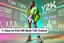 Model in a neon Y2K crop jacket and metallic mini skirt posing in a futuristic cityscape.