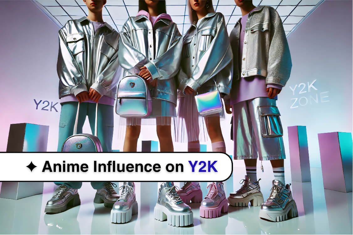 Horizontal group shot of models wearing metallic and neon Y2K outfits against a futuristic pastel city backdrop.