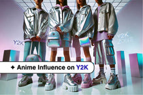Horizontal group shot of models wearing metallic and neon Y2K outfits against a futuristic pastel city backdrop.