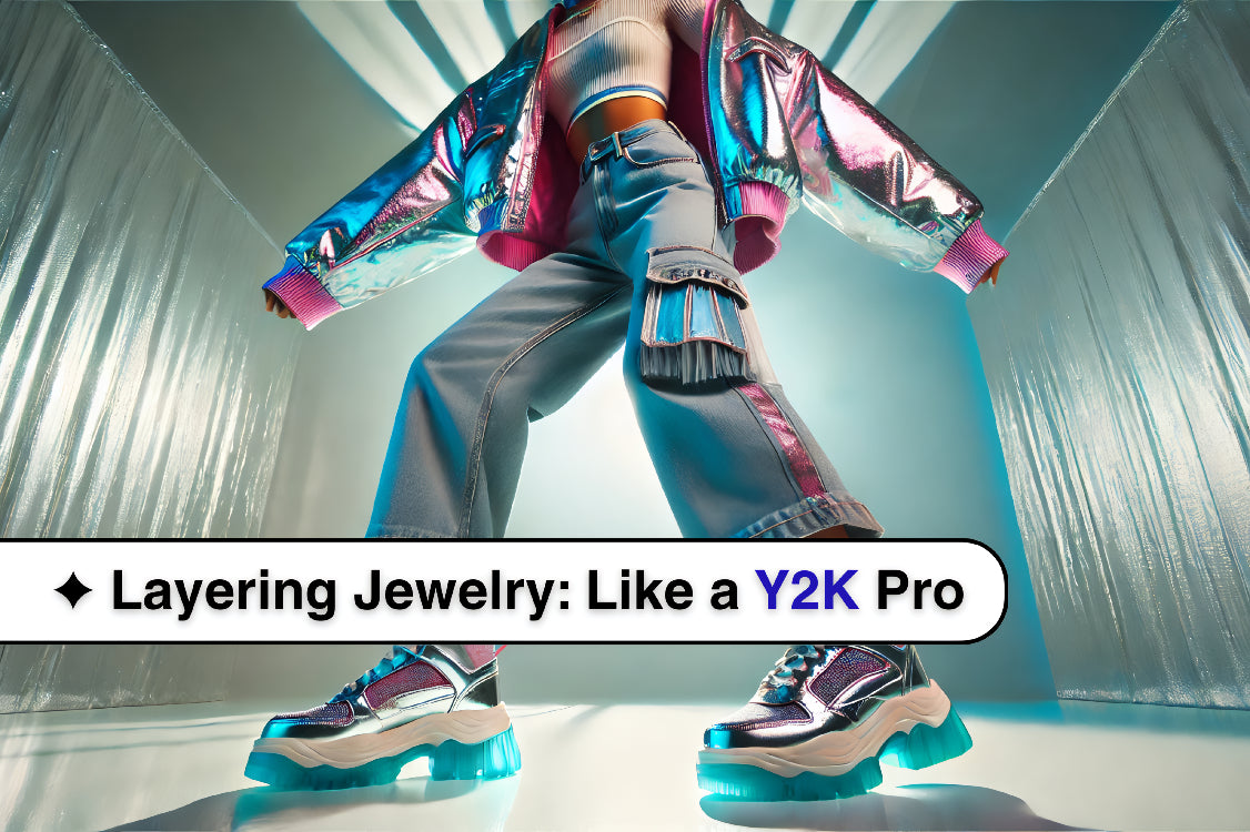Horizontal shot of a model wearing a metallic crop jacket, low-rise jeans, and chunky platform sneakers in a bright, futuristic setting, capturing the essence of early-2000s style