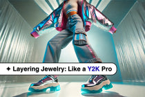 Horizontal shot of a model wearing a metallic crop jacket, low-rise jeans, and chunky platform sneakers in a bright, futuristic setting, capturing the essence of early-2000s style