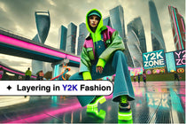 Horizontal cover image of a fashion-forward model wearing a bright neon Y2K outfit with platform sneakers, set against a futuristic city background