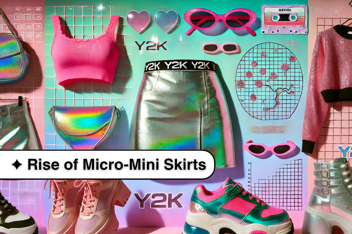 Collage showcasing iconic Y2K clothing items including metallic micro-mini skirts, neon crop tops, glittery platform sneakers, and holographic purses against a pastel gradient