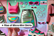 Collage showcasing iconic Y2K clothing items including metallic micro-mini skirts, neon crop tops, glittery platform sneakers, and holographic purses against a pastel gradient