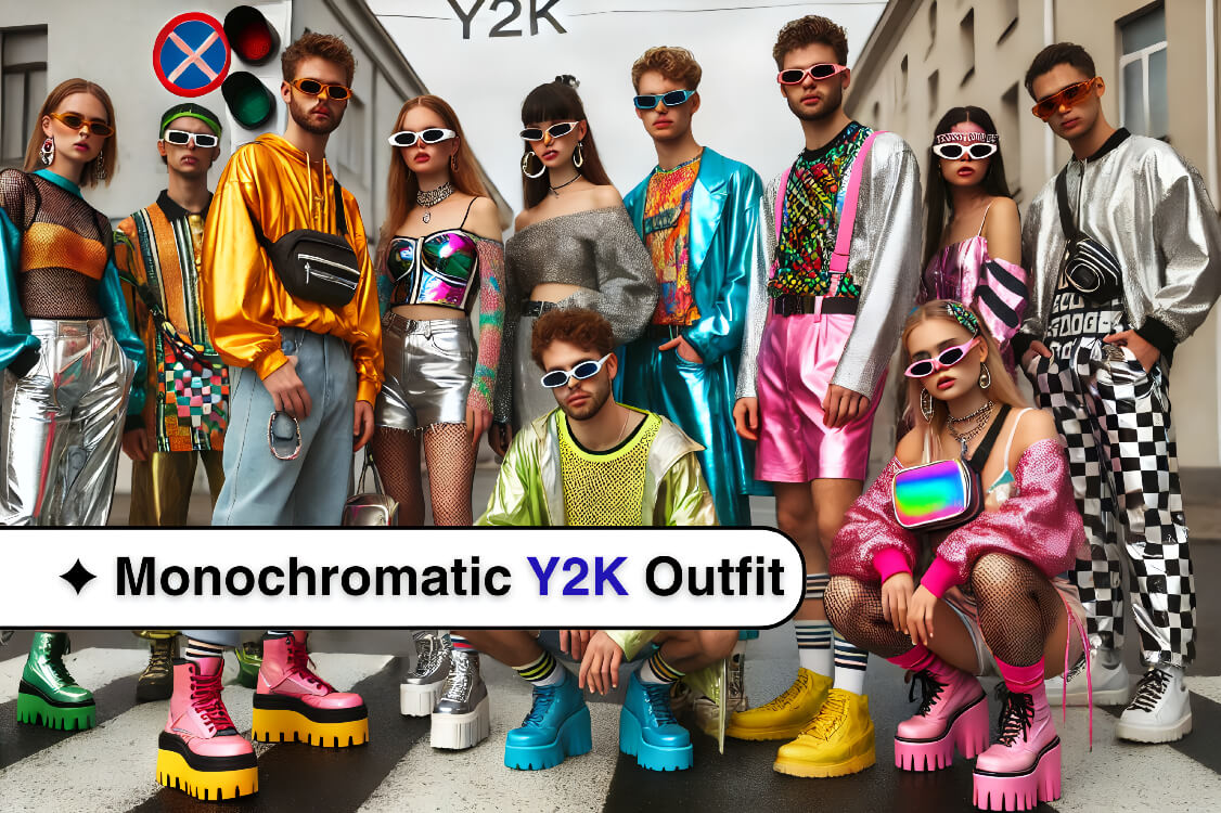 A group of young adults in Y2K fashion, wearing neon and metallic outfits with futuristic accessories, set in an urban scene.