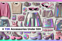 Collage of colorful Y2K-inspired outfits and accessories, featuring metallic fabrics and neon pastel tones on a glossy, holographic backdrop