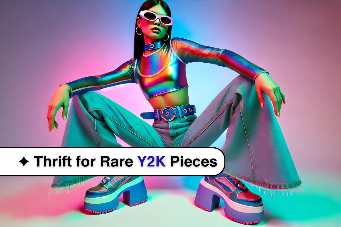 Horizontal cover image of a model in flared low-rise jeans and a holographic crop top, surrounded by neon lights, capturing the vibrant Y2K aesthetic.