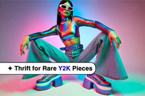 Horizontal cover image of a model in flared low-rise jeans and a holographic crop top, surrounded by neon lights, capturing the vibrant Y2K aesthetic.