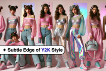 Three models showcasing vibrant Y2K-inspired sheer outfits, mixing neon colors, metallic textures, and playful accessories against a pastel holographic background