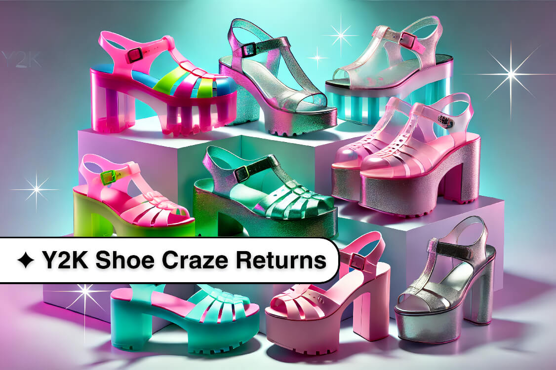 Collage of Y2K-inspired jelly sandals and chunky platforms in bright neon and holographic finishes on pastel gradient background.