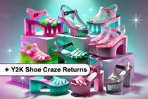 Collage of Y2K-inspired jelly sandals and chunky platforms in bright neon and holographic finishes on pastel gradient background.