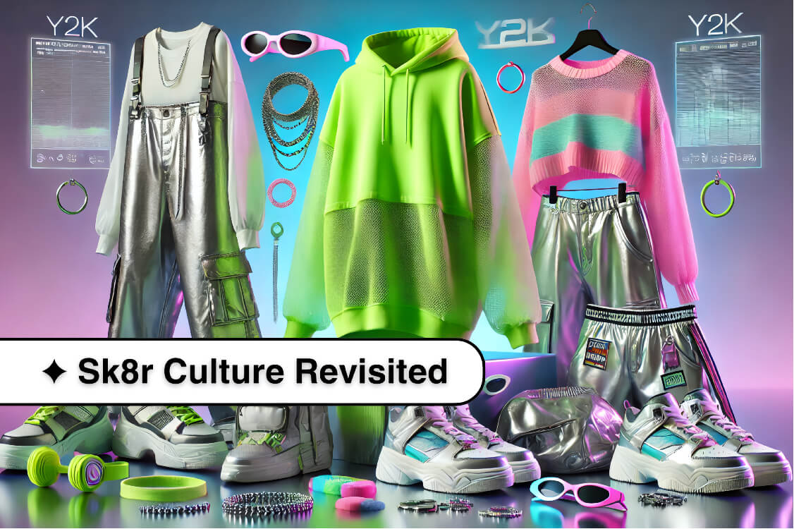 Collage of colorful Y2K skate fashion including neon hoodies, metallic pants, chunky sneakers, and holographic accessories on a pastel digital backdrop.
