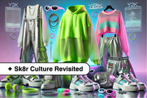 Collage of colorful Y2K skate fashion including neon hoodies, metallic pants, chunky sneakers, and holographic accessories on a pastel digital backdrop.