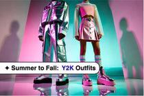 Two models wearing metallic crop tops, neon mini skirts, and platform sneakers in a bright, futuristic Y2K-inspired setting.