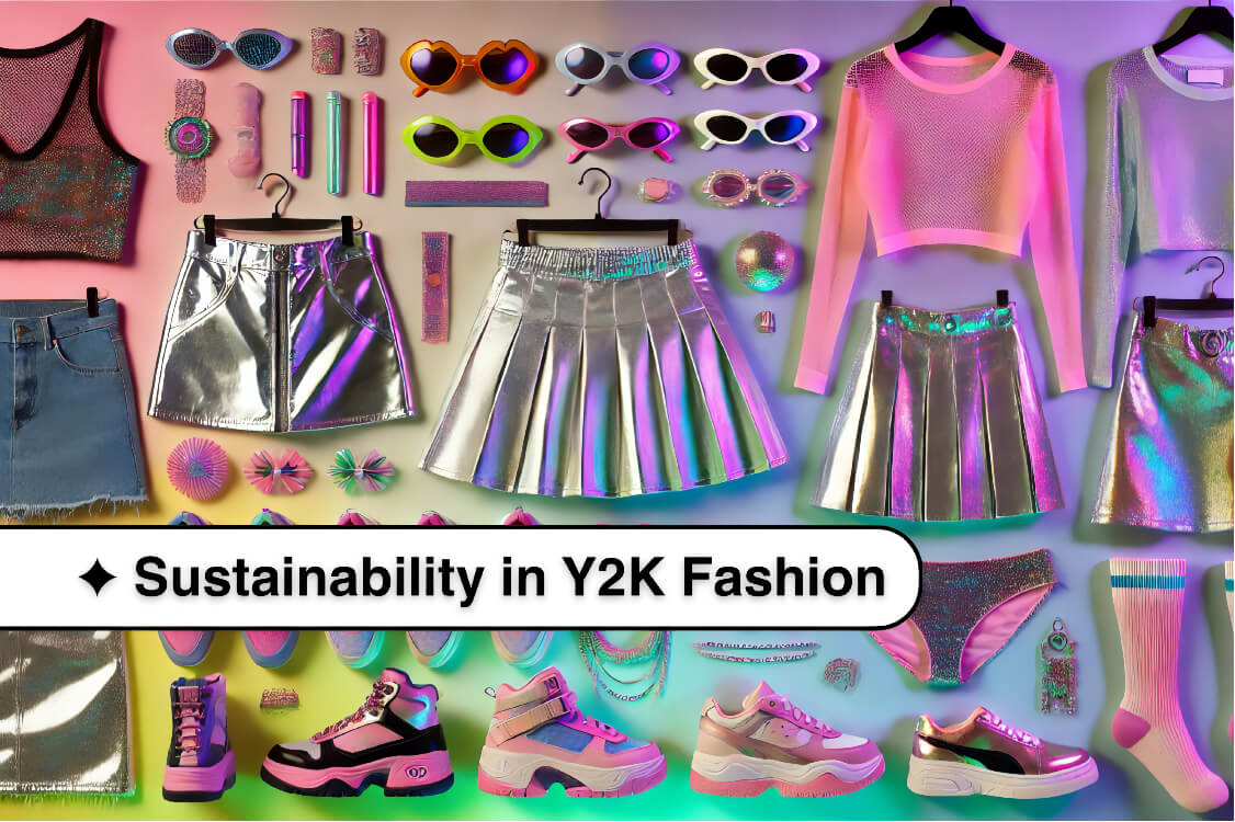 Collage of iconic Y2K fashion items featuring metallic skirts, neon tops, chunky sneakers, and glittery accessories on a vibrant holographic background.