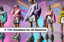 Y2K-inspired pastel oversized sweater with metallic mini skirt and chunky platform sneakers against a vibrant street background.