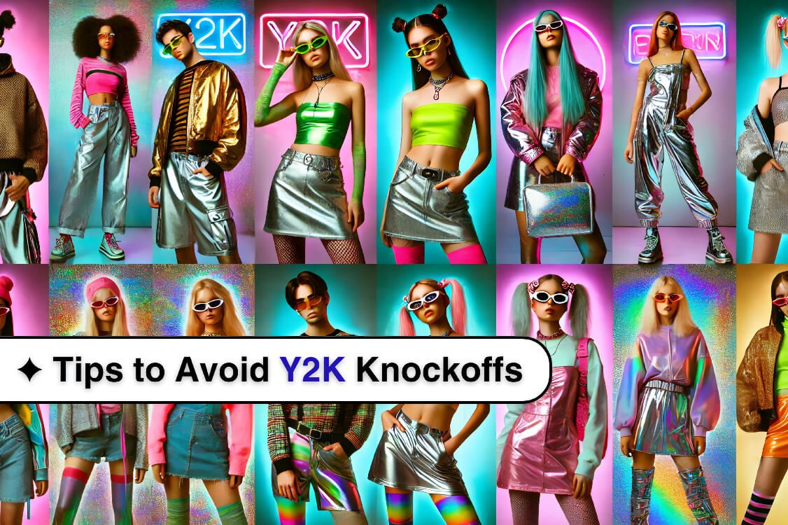 Group of young adults posing confidently in vibrant Y2K-inspired outfits featuring neon colors, metallic textures, chunky accessories, and holographic backgrounds