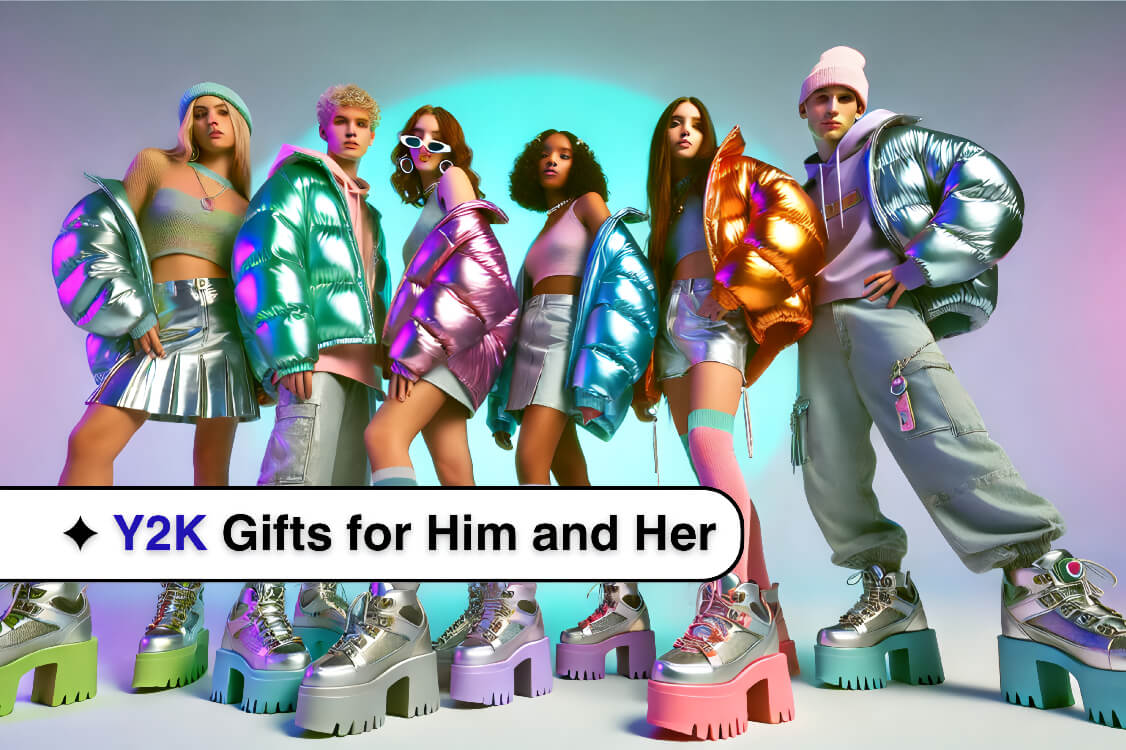 Group of friends wearing bright, early-2000s-inspired outfits with neon and metallic accents, posed against a pastel holographic background.