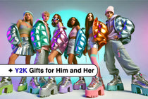 Group of friends wearing bright, early-2000s-inspired outfits with neon and metallic accents, posed against a pastel holographic background.