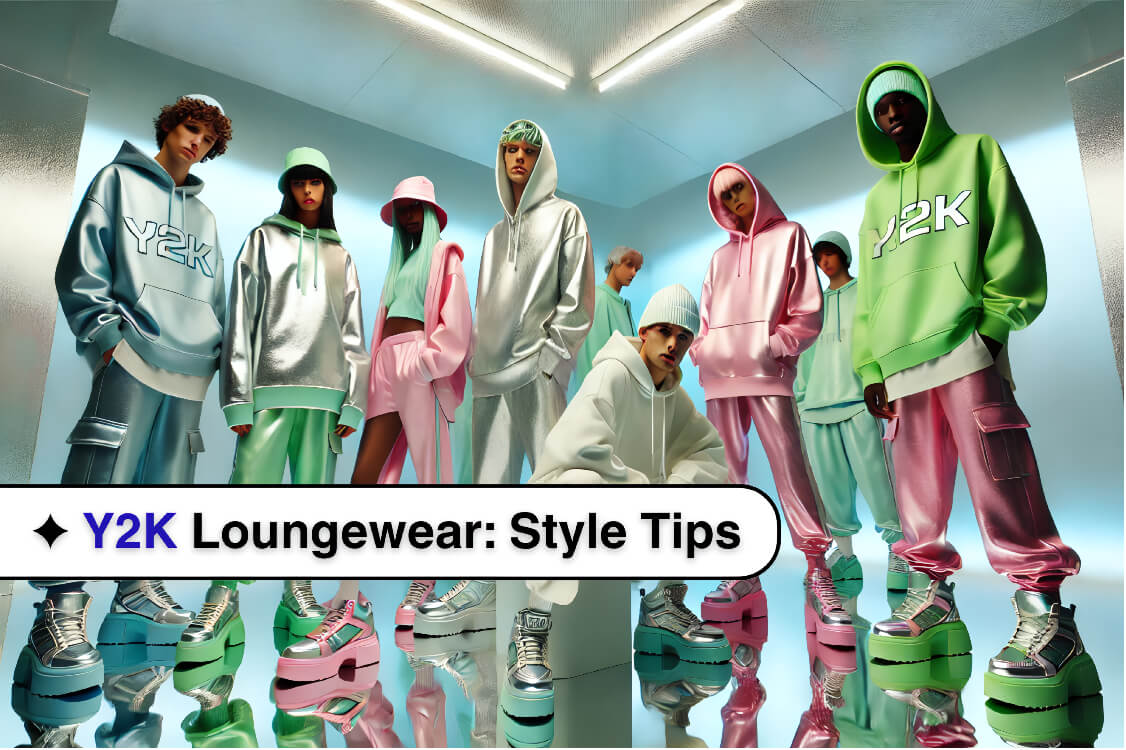 Cover image of a model in Y2K-inspired metallic hoodie and pastel joggers, posed against a soft neon backdrop.