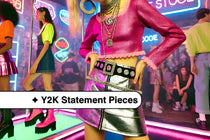 A model wearing a shiny metallic mini skirt