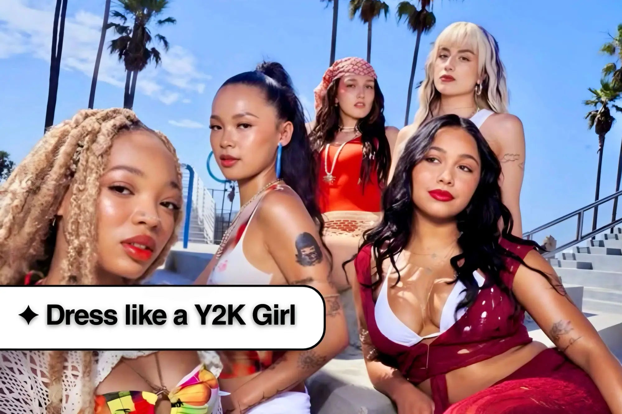 Group of young women in colorful Y2K outfits and crop tops posing by palm trees.