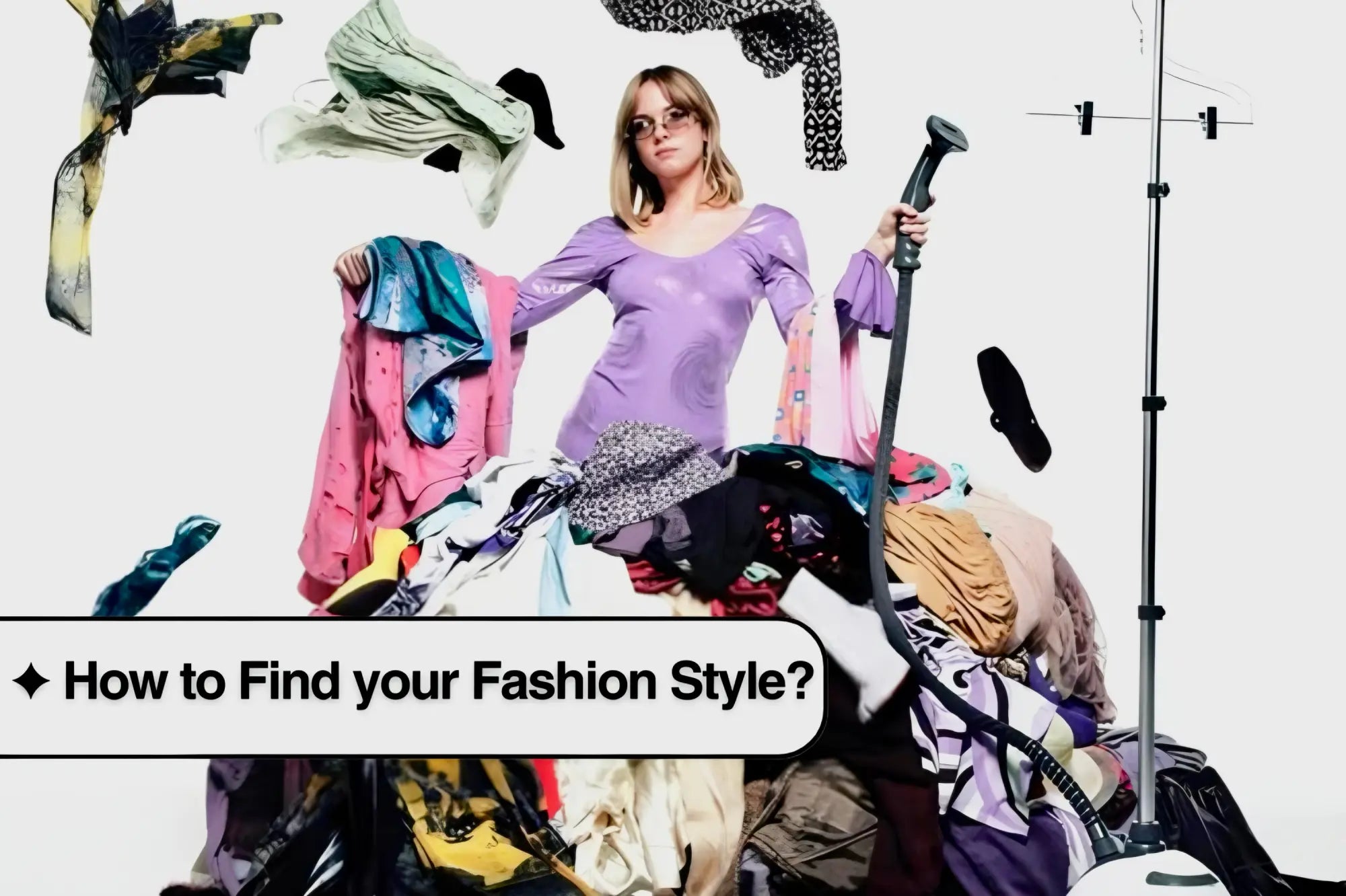 Woman among a chaotic pile of colorful clothing showcasing vibrant Y2K fashion style.