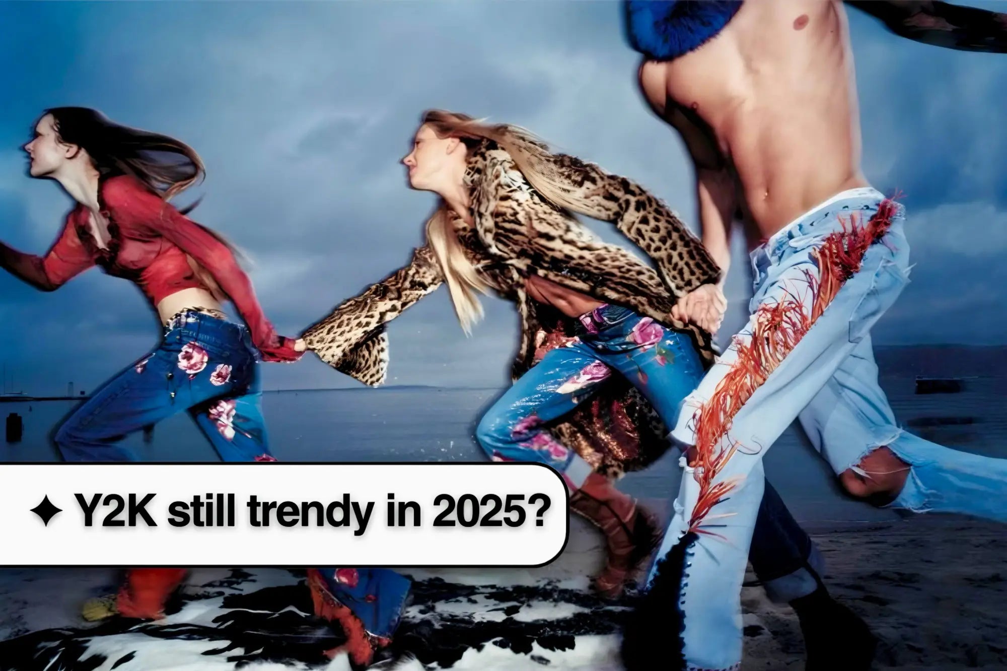 Dynamic Y2K fashion photo of models in colorful outfits running and dancing.