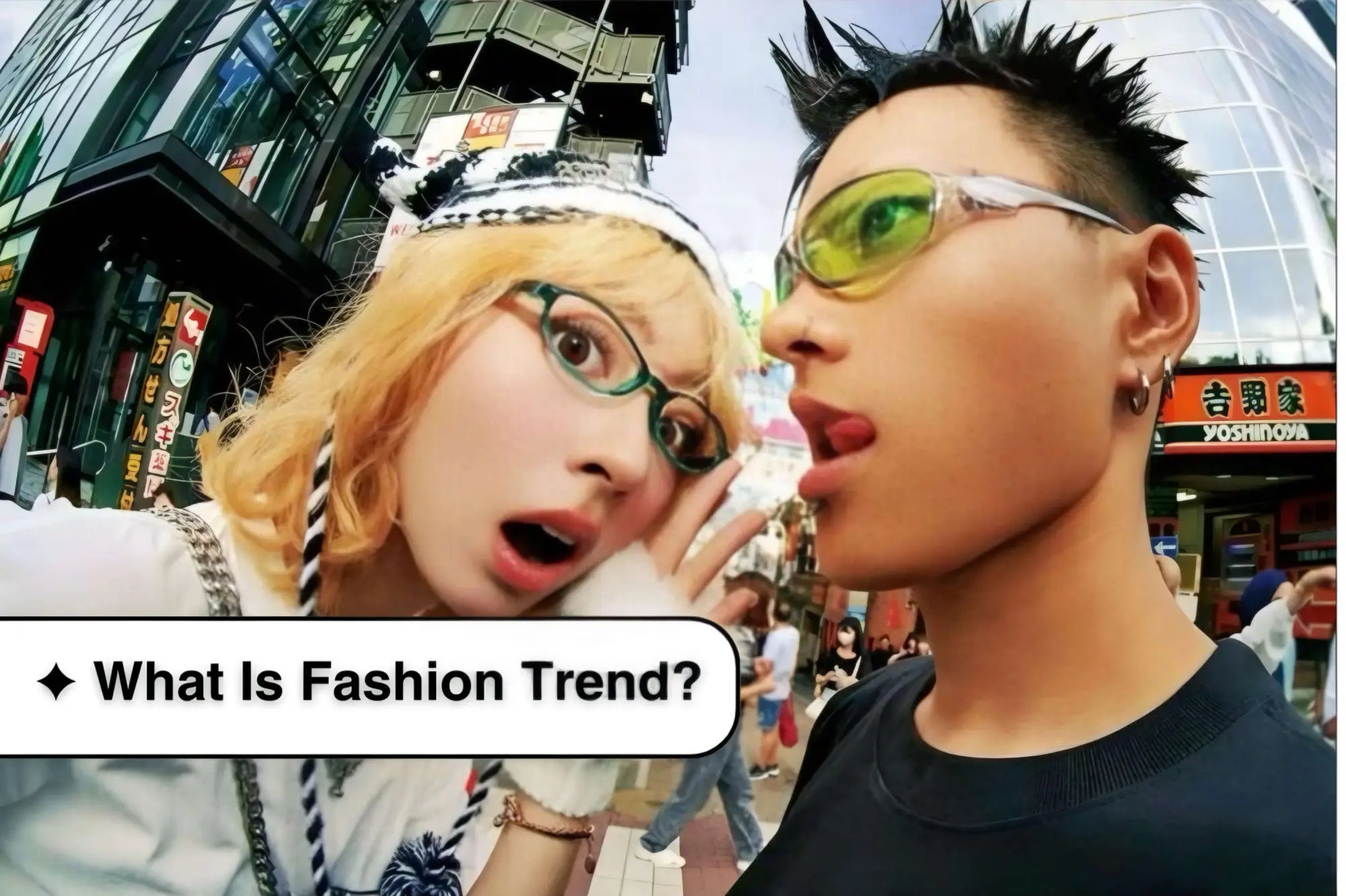 Two young people showcasing Gen Z fashion trends with unique hairstyles in an urban setting.