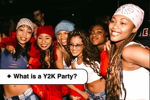 Group of young women smiling at a vibrant Y2K party celebrating early 2000s style.