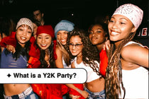 Group of young women smiling at a vibrant Y2K party celebrating early 2000s style.