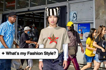 Person in beige sweater with red star and striped hat, showcasing Y2K fashion style.