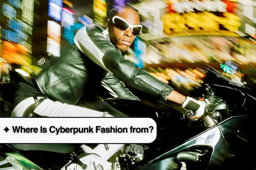 Motorcyclist in sunglasses and leather jacket embodies cyberpunk fashion in urban setting.