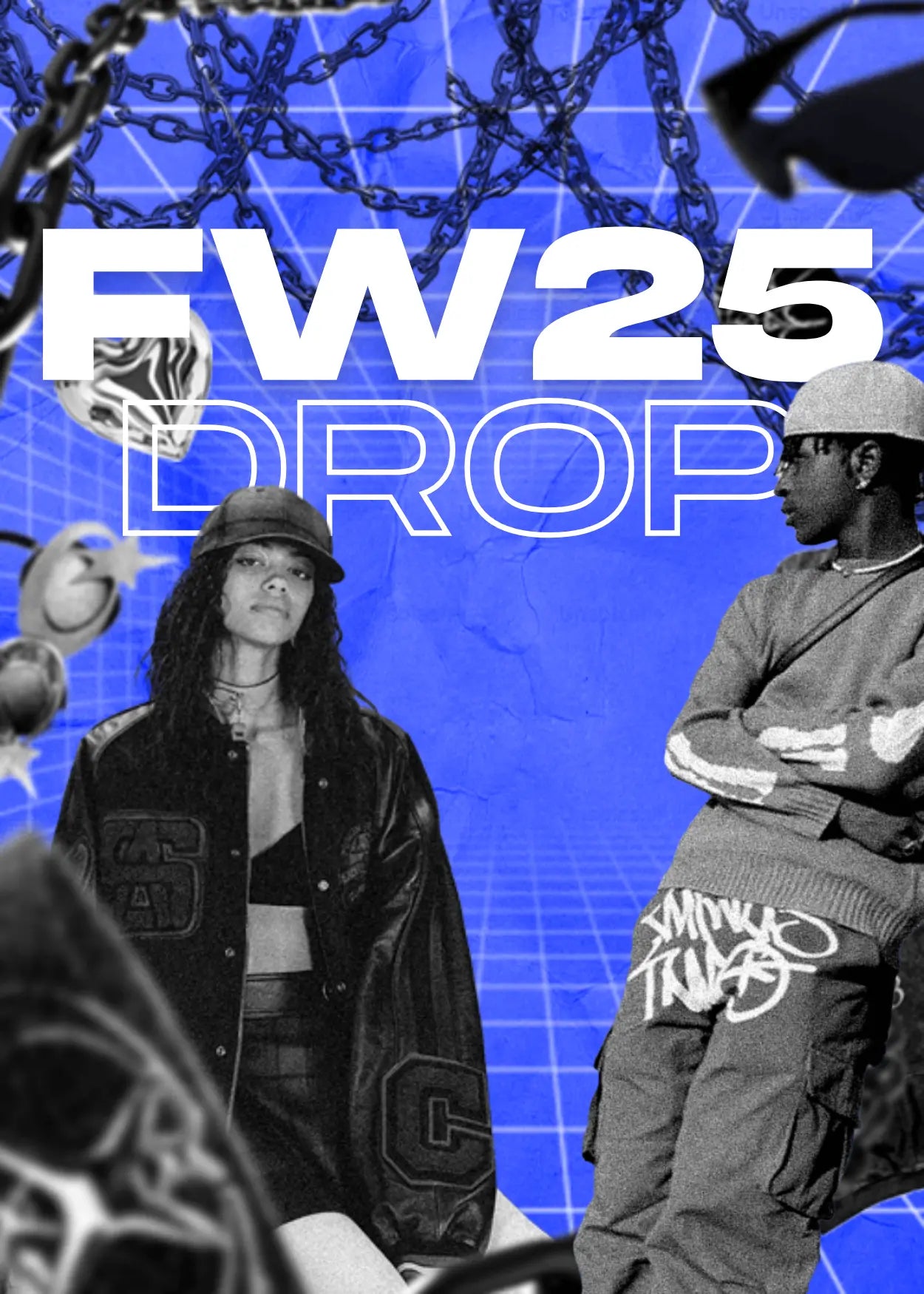 Y2K streetwear fashion collage featuring black and white outfits, oversized jackets, graphic pants, and chain accessories on a blue grid background