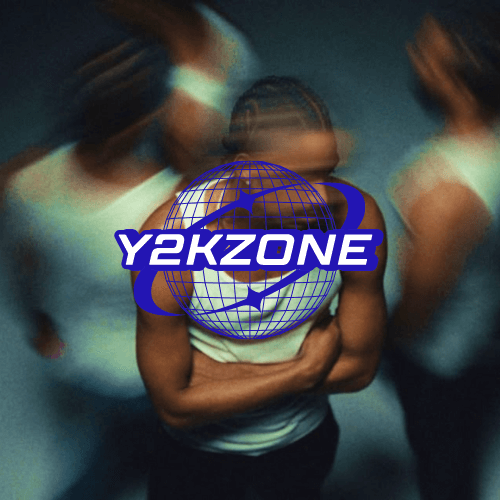 Blurred artistic image of a person surrounded by multiple motion effects, overlaid with the bold and vibrant "Y2KZONE" globe logo.
