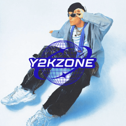 Fashionable person in bold Y2K clothing, sunglasses, and chunky sneakers sitting casually against a plain white background, accented by the standout "Y2KZONE" globe logo.
