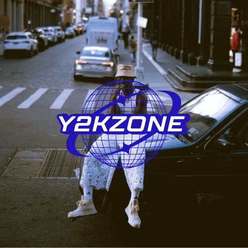 Stylish person in trendy Y2K fashion posing casually against a parked car in a city street, overlaid with the eye-catching "Y2KZONE" globe logo