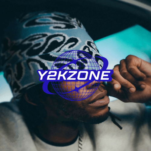 Close-up of a stylish individual wearing a distinctive Y2K Beanie and streetwear look, featuring the vibrant "Y2KZONE" globe logo overlay.